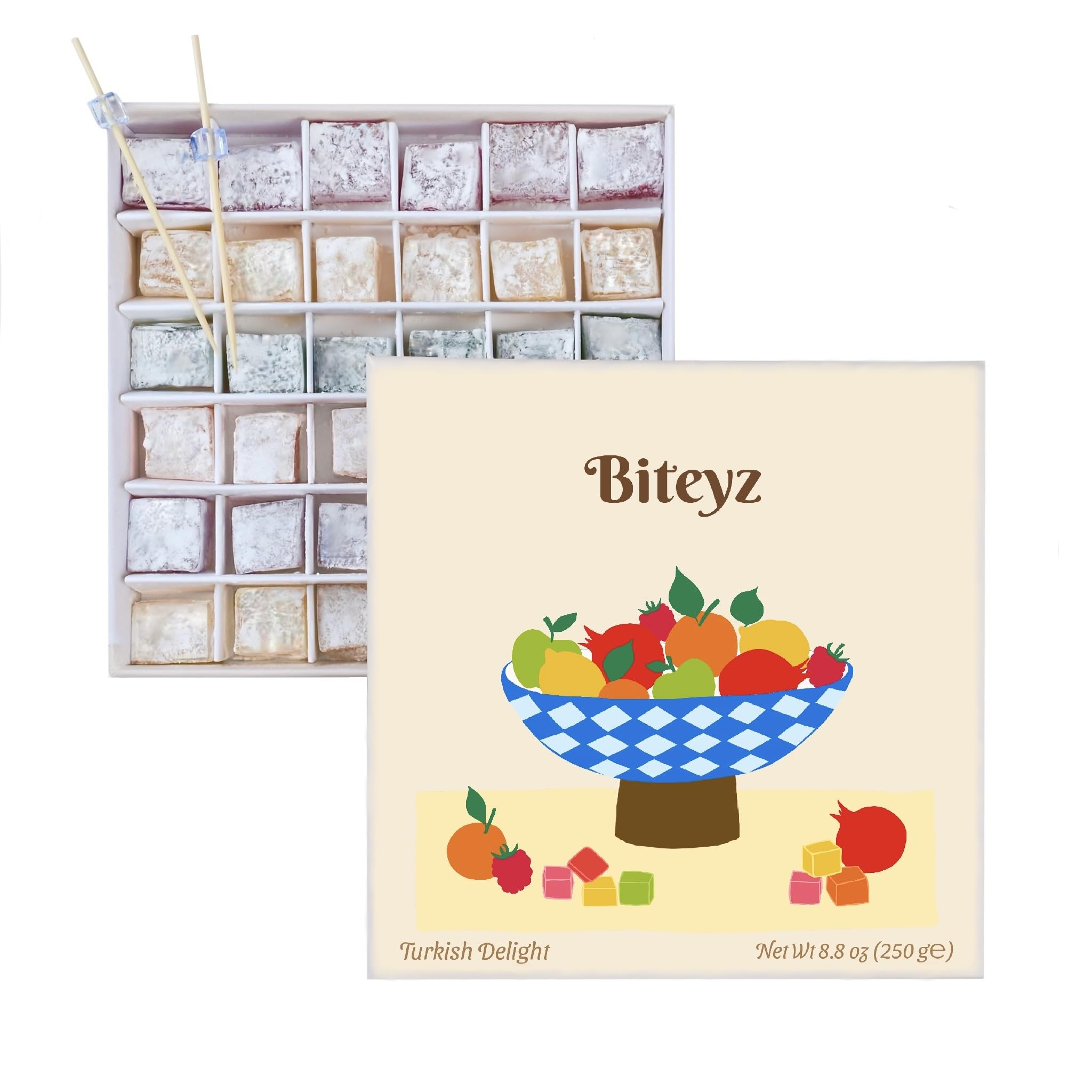 Biteyz Original Turkish Delight, Vegan Candy Gift Box – Assorted Gourmet Fruit Snacks with Lemon 36 Pieces of Luxury Handmade Vegan Treats