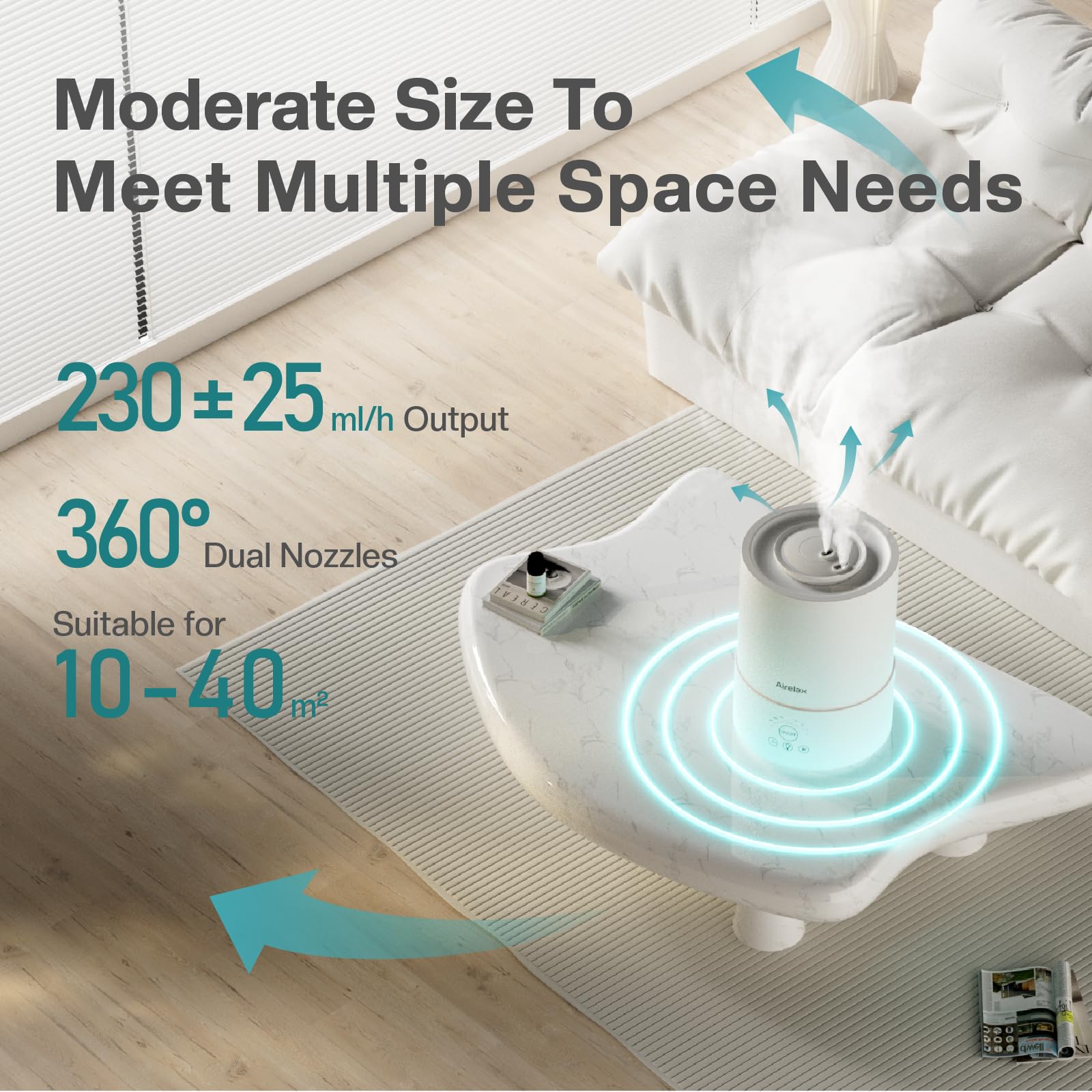 Airelax Humidifier 2.5L Air Humidifier for Bedroom Baby Room Cool Mist Small Humidifier with 360° Dual Nozzles, Top Fill, Quiet Sleep Mode, Auto Shut Off, Humidifier & Oil Diffuser & Night Light - Image 2