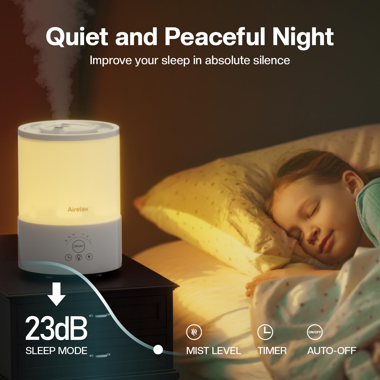 Airelax Humidifier 2.5L Air Humidifier for Bedroom Baby Room Cool Mist Small Humidifier with 360° Dual Nozzles, Top Fill, Quiet Sleep Mode, Auto Shut Off, Humidifier & Oil Diffuser & Night Light - Image 5